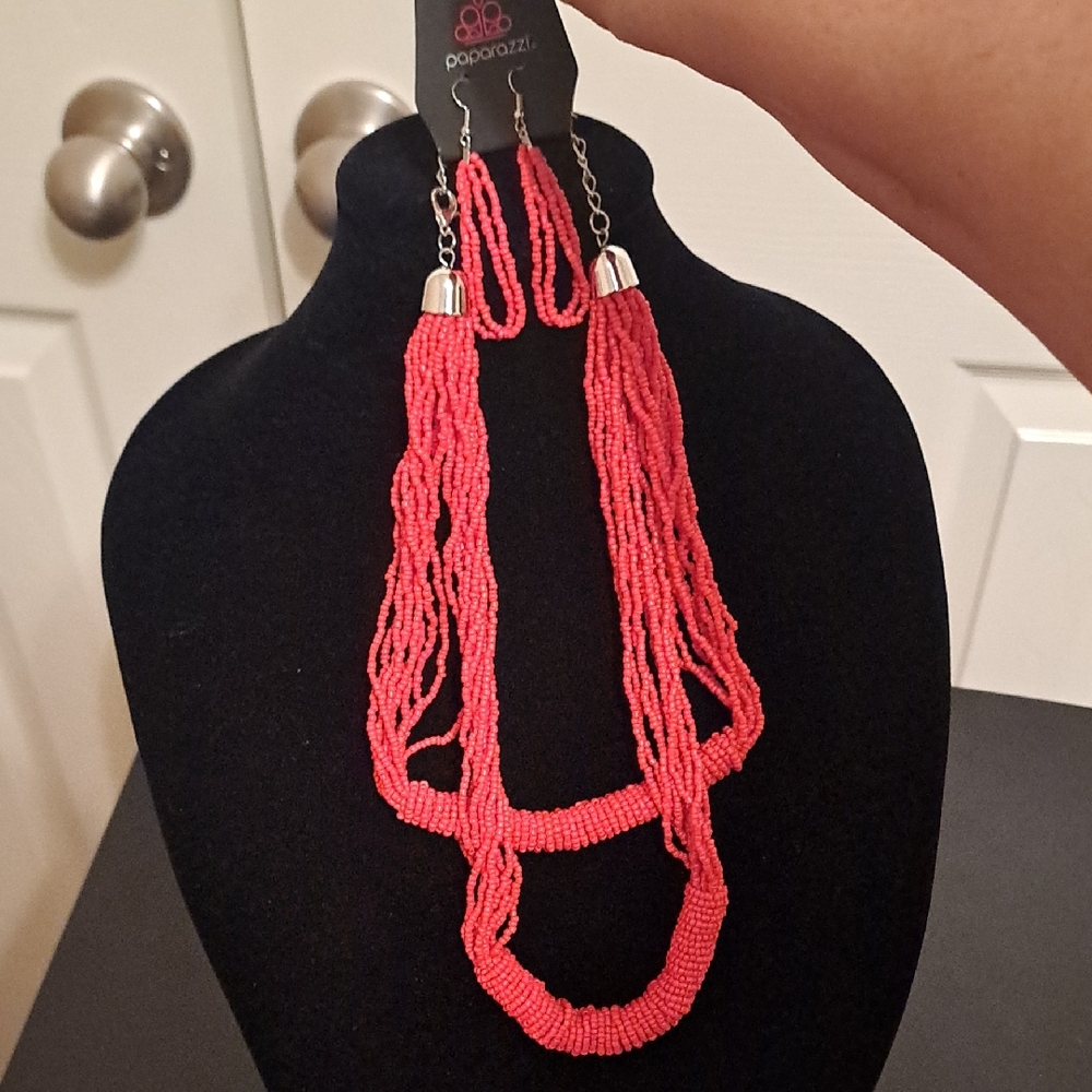 Paparazzi Vibrant Red Beaded Earring Necklace Set NWT